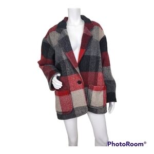 Vintage French Country Express Buffalo Red Plaid Red Wool Coat Size S